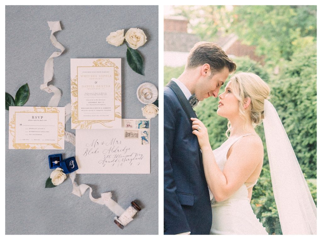 Bride and Groom at William Paca House in Annapolis Maryland and Wedding Invitation Suite