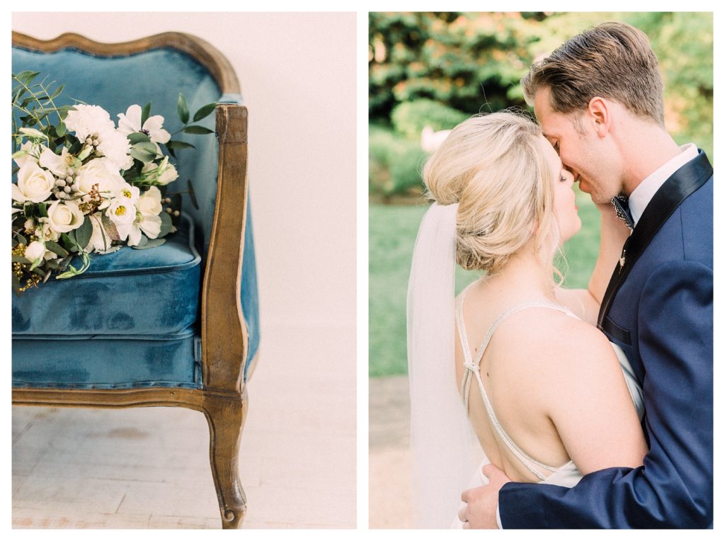 Bride and Groom at William Paca House in Annapolis Maryland and Brides Bouquet - Manda Weaver Film Wedding Photographer