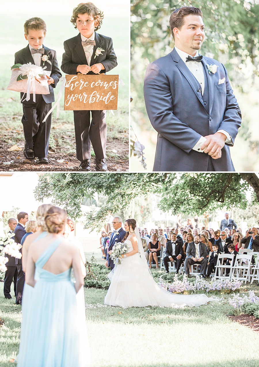 Wedding Ceremony with ring bearers with sign, crying groom, father and bride - Romantic Tuscan Inspired Wedding with Ethereal color palette of pale blush, seafoam, pale  grays, dusty blues, champagne and gold by Manda Weaver Photography at Belmont Manor, Elle Ellinghaus Designs, White Glove Rentals, and  My Flower Box