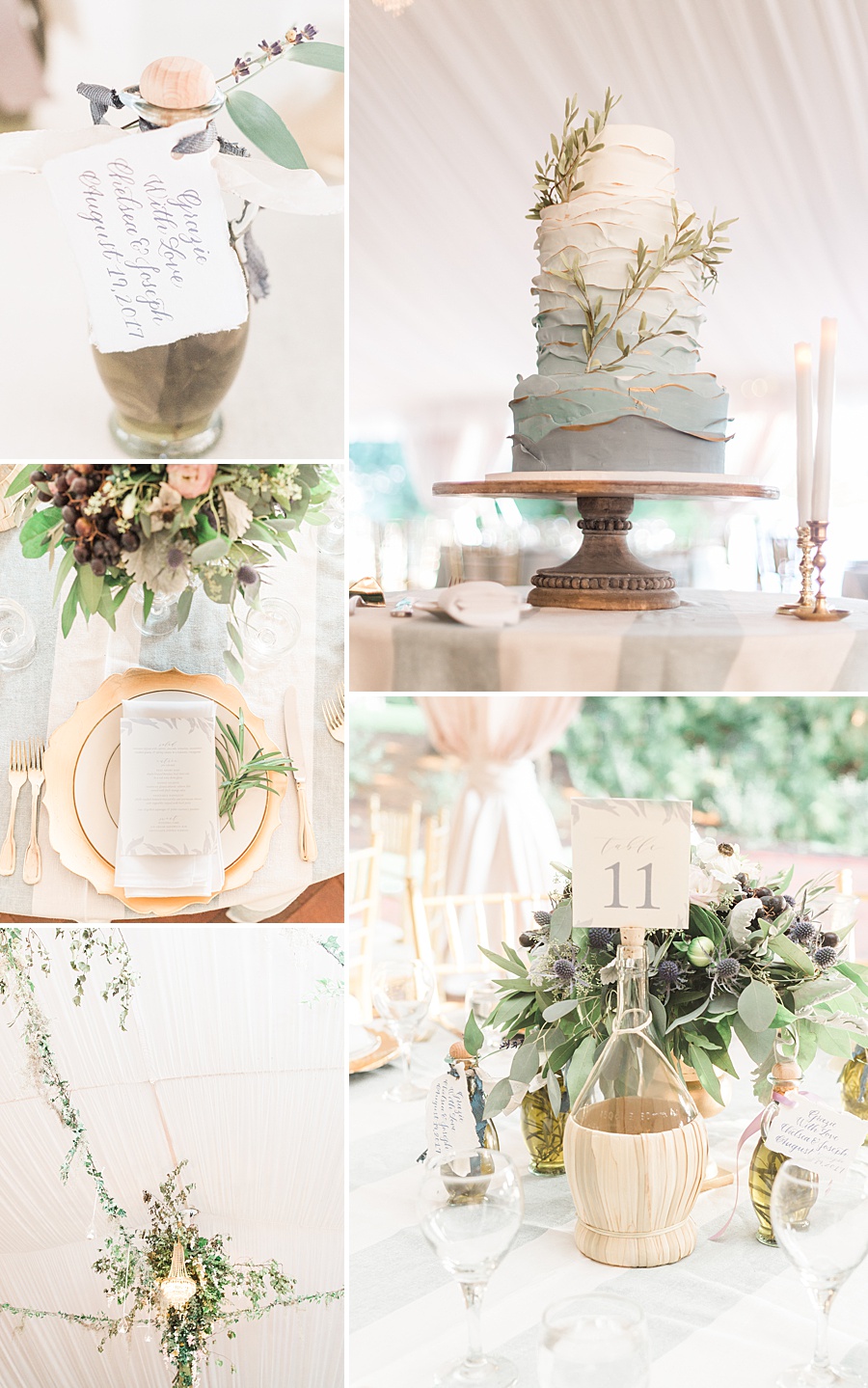 Catherine George Ombre Cake with Olive Leaves and Gold Accents - Romantic Tuscan Inspired Wedding with Ethereal color palette of pale blush, seafoam, pale  grays, dusty blues, champagne and gold by Manda Weaver Photography at Belmont Manor, Elle Ellinghaus Designs, White Glove Rentals, and  My Flower Box