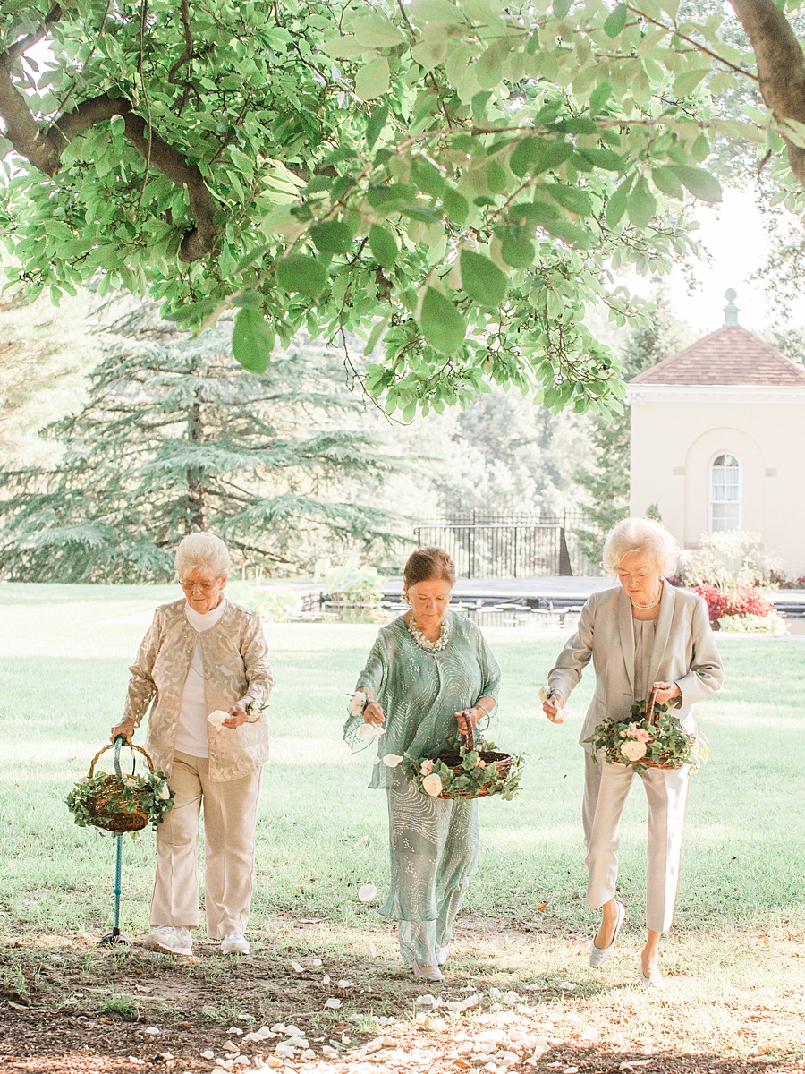 Flower Grandmas instead of Flower Girls at a Wedding - Romantic Tuscan Inspired Wedding with Ethereal color palette of pale blush, seafoam, pale  grays, dusty blues, champagne and gold by Manda Weaver Photography at Belmont Manor, Elle Ellinghaus Designs, White Glove Rentals, and  My Flower Box