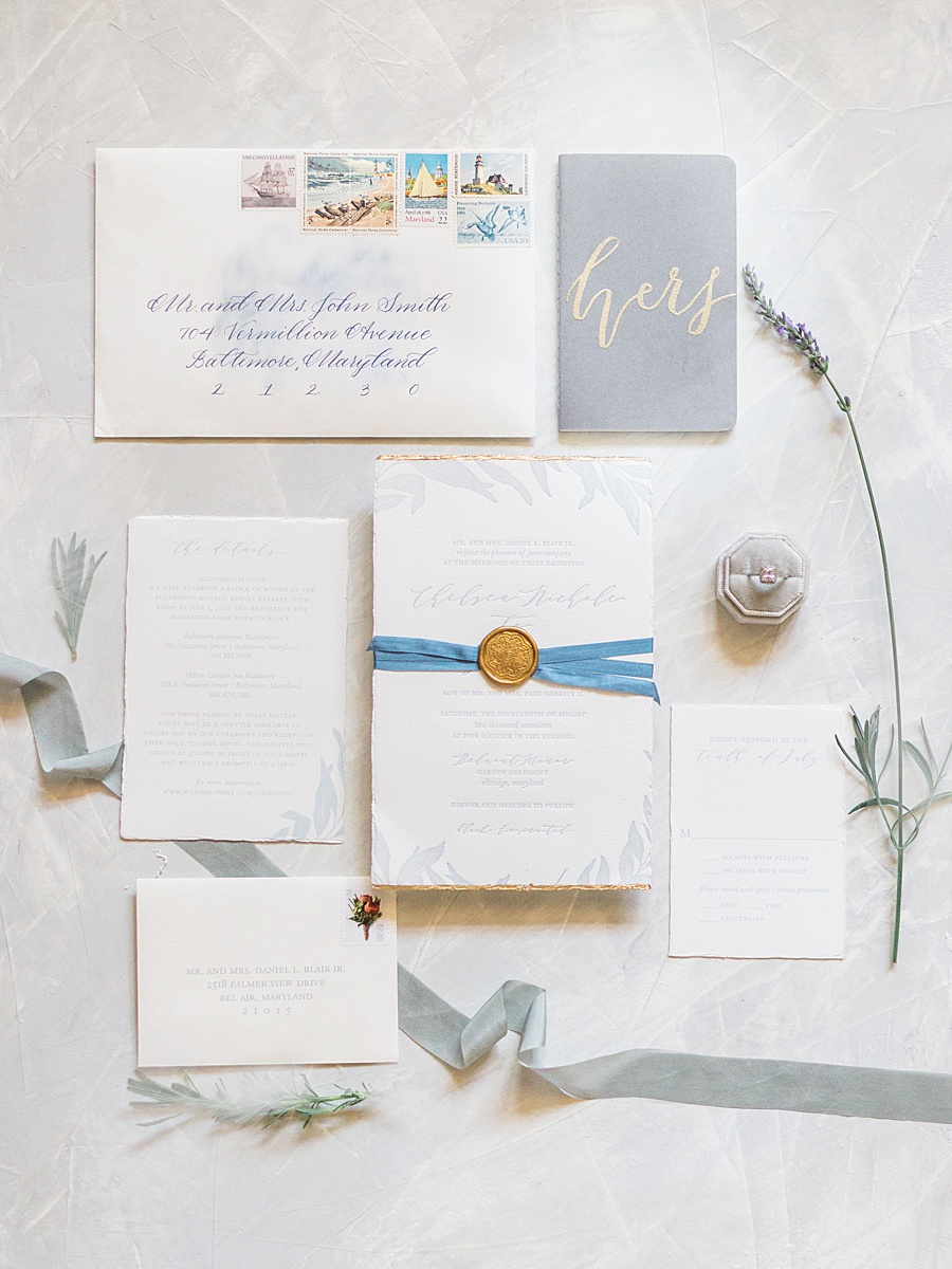 Invitation Suite by Just Ink on Paper  - Romantic Tuscan Inspired Wedding with Ethereal color palette of pale blush, seafoam, pale  grays, dusty blues, champagne and gold by Manda Weaver Photography at Belmont Manor, Elle Ellinghaus Designs, White Glove Rentals, and  My Flower Box