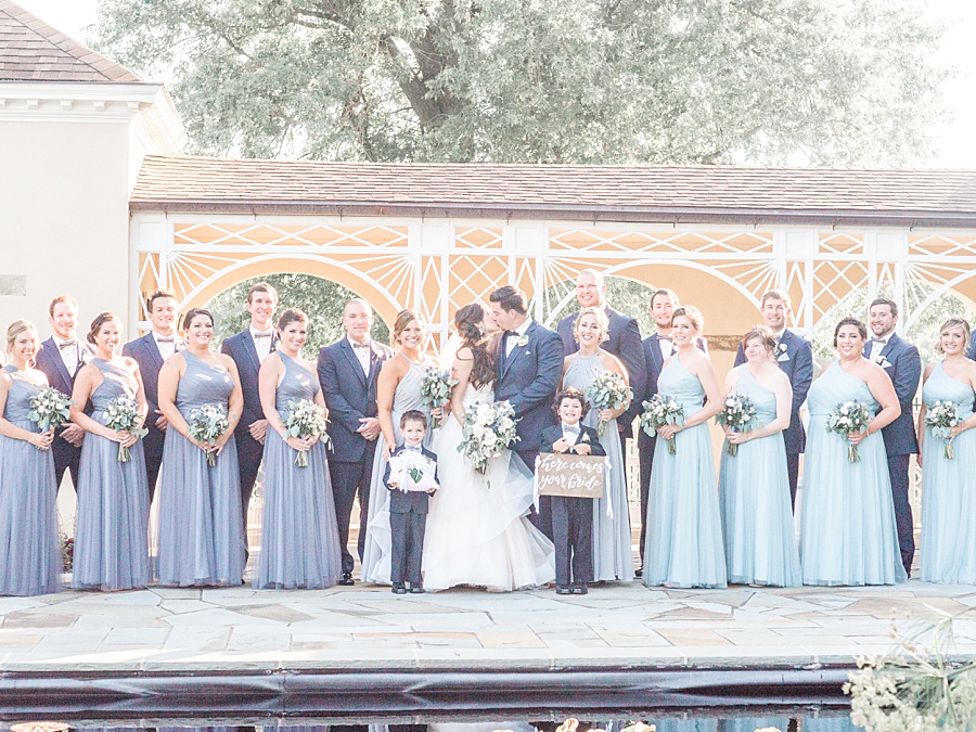 Wedding Party Portrait with Bridesmaids in Ombre Mismatched Dresses - Romantic Tuscan Inspired Wedding with Ethereal color palette of pale blush, seafoam, pale  grays, dusty blues, champagne and gold by Manda Weaver Photography at Belmont Manor, Elle Ellinghaus Designs, White Glove Rentals, and  My Flower Box