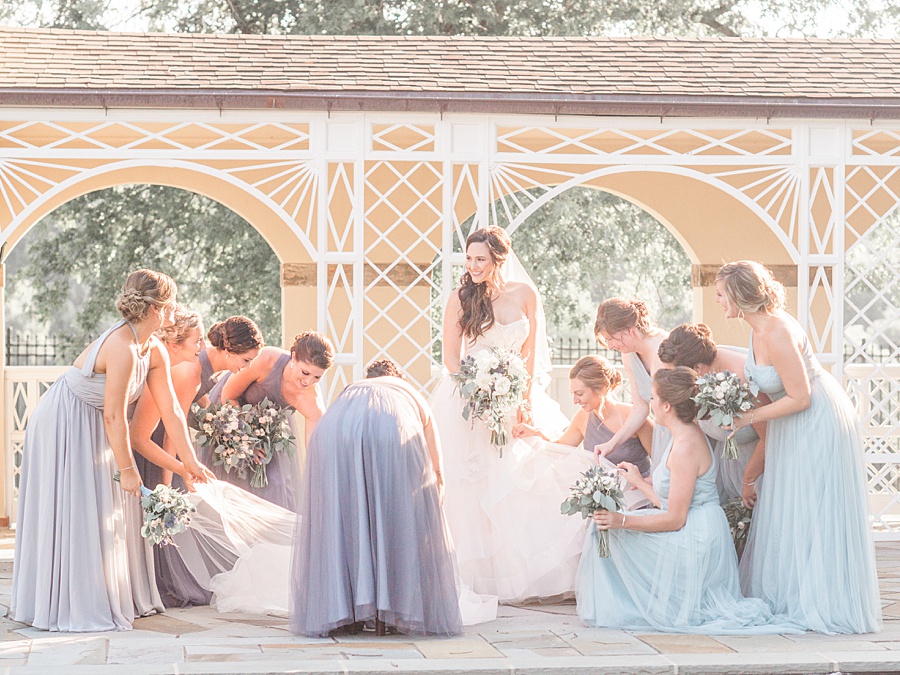 Bride and Bridesmaid Portrait with Ombre Mismatched Dresses - Romantic Tuscan Inspired Wedding with Ethereal color palette of pale blush, seafoam, pale  grays, dusty blues, champagne and gold by Manda Weaver Photography at Belmont Manor, Elle Ellinghaus Designs, White Glove Rentals, and  My Flower Box