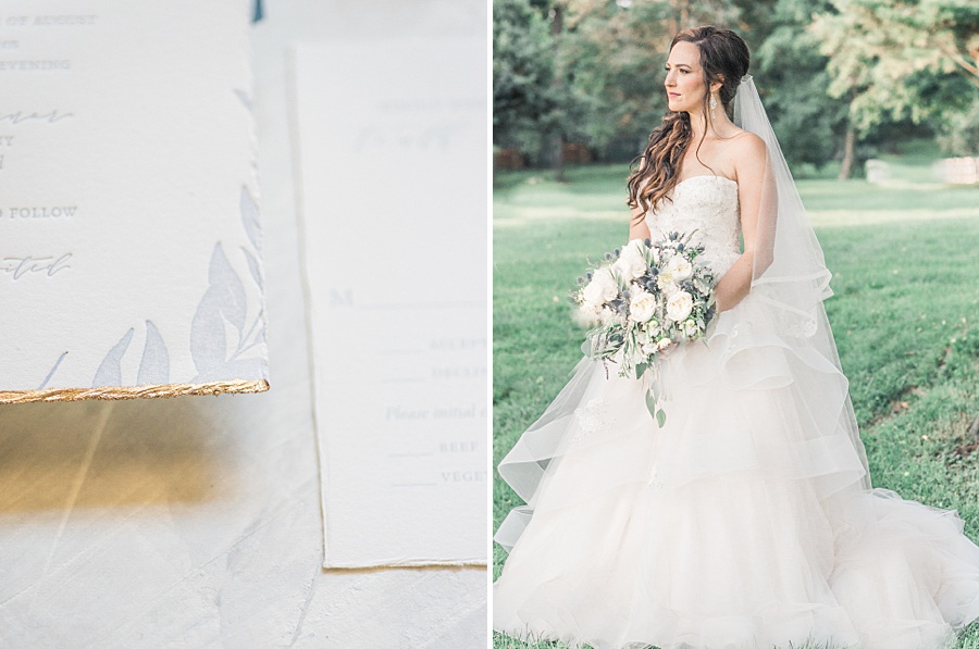 Bride in MONIQUE LHUILLIER gown - Romantic Tuscan Inspired Wedding with Ethereal color palette of pale blush, seafoam, pale  grays, dusty blues, champagne and gold by Manda Weaver Photography at Belmont Manor, Elle Ellinghaus Designs, White Glove Rentals, and  My Flower Box