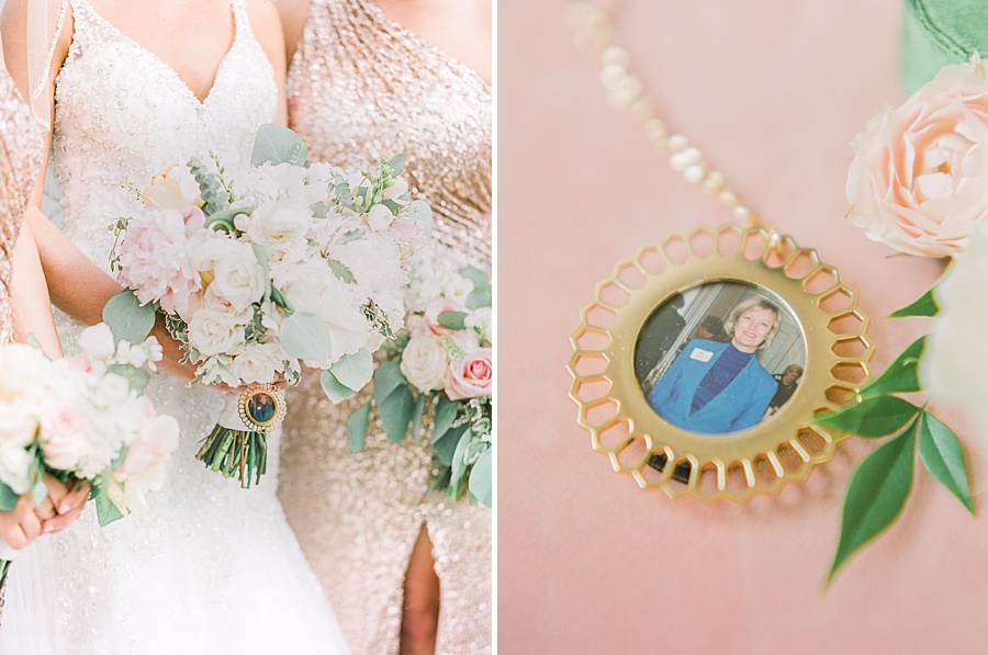 Bride remembers Her Mother with a Pendant holding her image attached to her bouquet - Honoring Lost Loved Ones at your Wedding - Classic St Michaels Waterfront Maryland Wedding @ The Chesapeake Bay Maritime Museum Classic - Fine Art Film Photographer