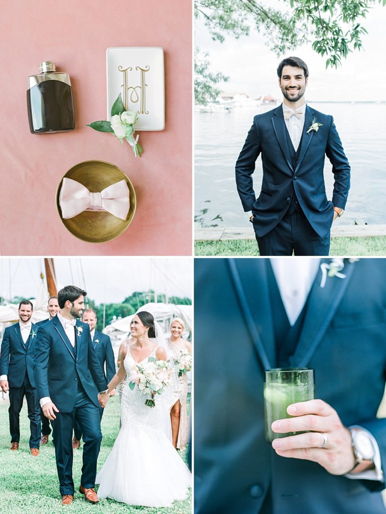 Groom and His Wedding Details - Boutonnière, Signature Drink, Bow Tie - Classic St Michaels Waterfront Maryland Wedding @ The Chesapeake Bay Maritime Museum Classic - Fine Art Film Photographer