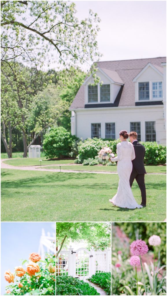 A bride wearing a gorgeous lace gown with full arms and floor length, walks with her Groom and flowers along the grass, under blossom trees on a beautiful spring day
